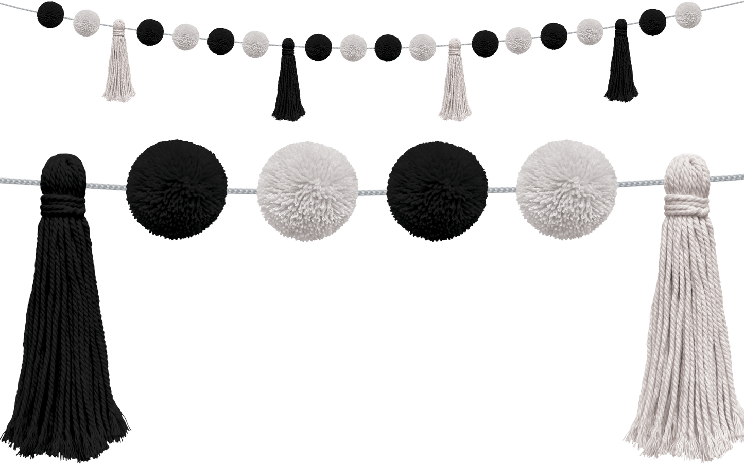 Black and White Pom-Poms and Tassels Garland