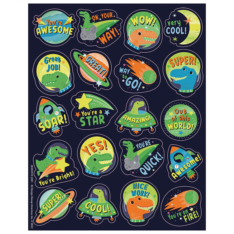 Dinosaurs galore! These fun and colorful "Dinosaur Breath" (green apple) scented stickers are sure to be a favorite among students, teachers, and parents! Features fun sticker poses of dinosaurs in space, each with a long-lasting smell. Add to graded assignments, classroom crafts, letters, party invites, cards, rewards, and more!
Includes 80 scented self-adhesive stickers per pack. Individual sticker size varies slightly by design.