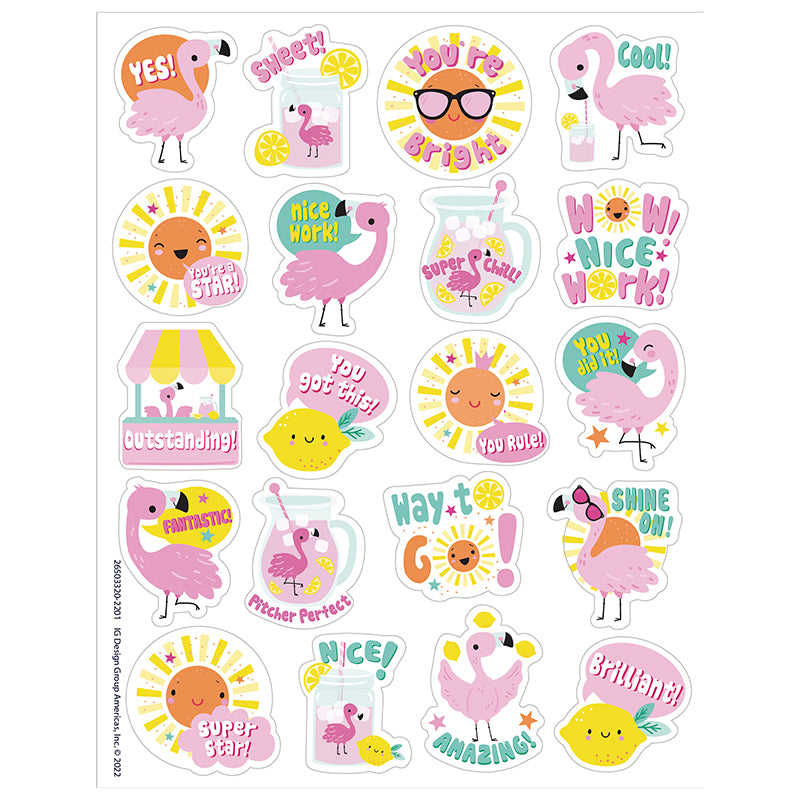 Kids will go crazy over this flock! These fun and colorful strawberry lemonade scented stickers are sure to be a favorite among students, teachers, and parents! Features fun sticker poses of ultra cool flamingos, each with a long-lasting smell. Add to graded assignments, classroom crafts, letters, party invites, cards, rewards, and more!
Includes 80 scented self-adhesive stickers per pack. Individual sticker size varies slightly by design.