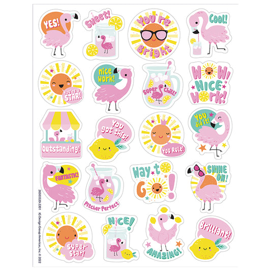 Kids will go crazy over this flock! These fun and colorful strawberry lemonade scented stickers are sure to be a favorite among students, teachers, and parents! Features fun sticker poses of ultra cool flamingos, each with a long-lasting smell.  Add to graded assignments, classroom crafts, letters, party invites, cards, rewards, and more!
Includes 80 scented self-adhesive stickers per pack. Individual sticker size varies slightly by design.