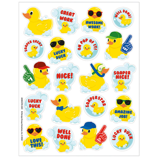 Quack students and children up with these pun-filled rubber duckies! These fun and colorful scented stickers feature adorable rubber duckies in a long-lasting bubble bath scent! Sure to be a favorite among students, teachers, and parents!  Add to graded assignments, classroom crafts, letters, party invites, cards, rewards, and more!
Includes 80 scented self-adhesive stickers per pack. Individual sticker size varies slightly by design.