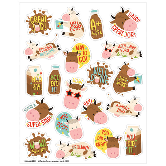 Reward students and children with these udderly adorable chocolate milk scented stickers, featuring adorable brown cows in a long-lasting scent! Sure to be a favorite among students, teachers, and parents!  Add to graded assignments, classroom crafts, letters, party invites, cards, rewards, and more!
Includes 80 scented self-adhesive stickers per pack. Individual sticker size varies slightly by design.