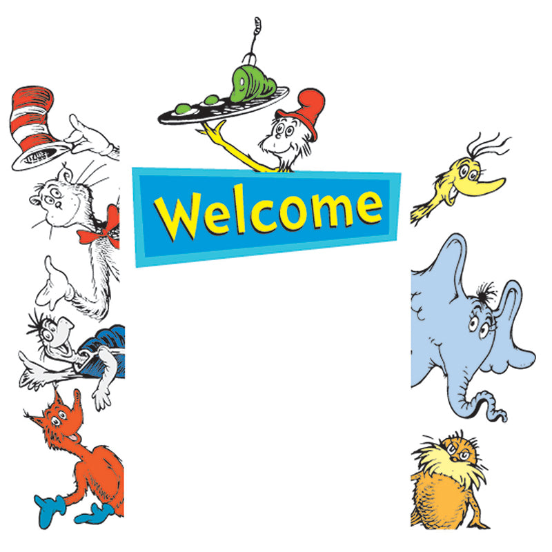 Go-Arounds® are a fun way to decorate around doors, windows, chalkboards, bulletin boards, archways and more. Each set features multiple characters that are designed with a flat edge on one side allowing the characters to appear as if they are peeking out of the display.
8-piece set includes: 1 Welcome sign (measuring 21" x 7 3/4") and 7 die-cut character pieces (ranging in size from approximately 6" x 4" to 21" x 8 7/8") .