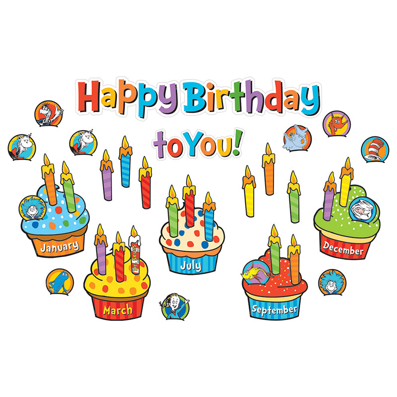 Celebrate your students' birthdays with Dr. Seuss! 70 piece set includes 12 Cupcakes for each month of the year, 41 Candles, 13 Character Cut Outs, and a 4 Piece Birthday Header. Packaged as 8 6" x 21" panels in a polybag with header. Coordinates with Eureka's many Dr. Seuss™ Collections!