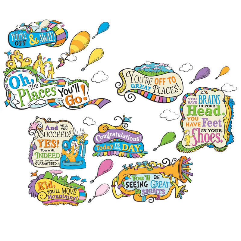 Eureka Bulletin Board Sets are a great way to add creativity to bulletin boards, hallways, walls and classroom space with fun designs and themes. 27 piece set includes: 8 Quotes (ranging in size from 16 1/4" x 8 1/8" to 23 1/4" x 16 1/4"), 11 Hot Air Balloons (ranging in size from 1 5/8" x 4 3/8" to 2 3/4" x 7 1/4")and 8 Clouds (ranging in size from 3" x 2 1/8" to 5 3/8" x 3").