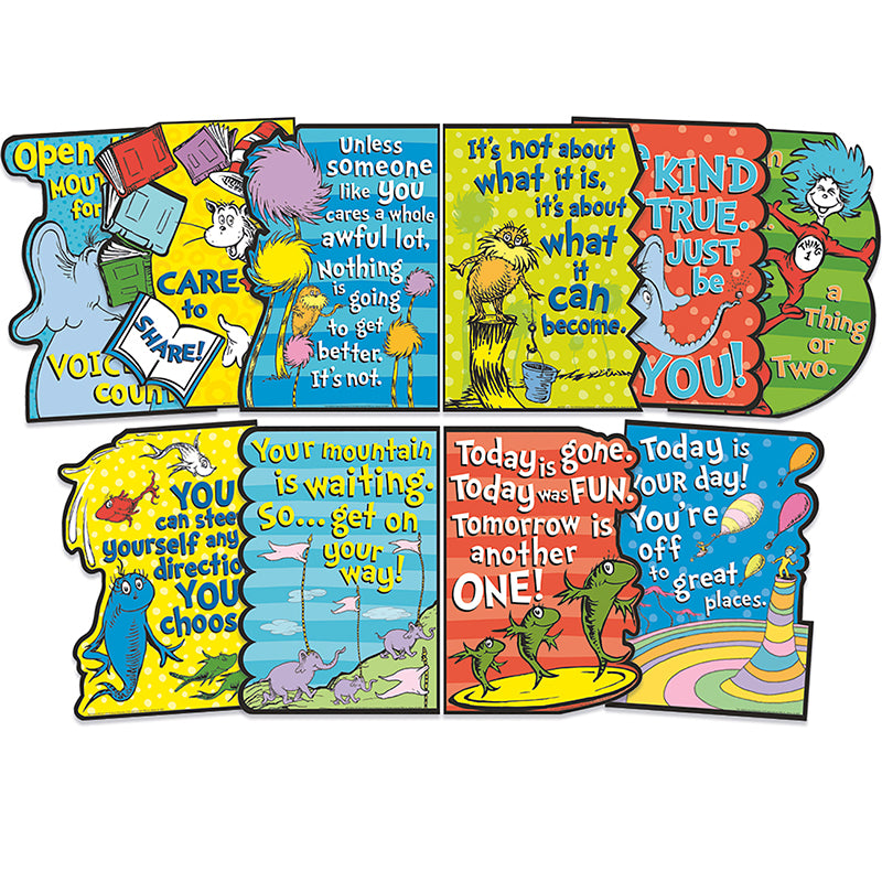 Eureka Bulletin Board Sets are a great way to add creativity to bulletin boards, hallways, walls and classroom space with fun designs and themes. 10 piece set includes 5 panels with: 10 die-cut posters with motivational phrases from your favorite Dr. Seuss books & characters!
