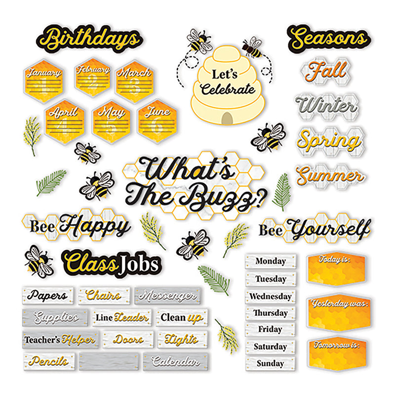 Eureka Bulletin Board Sets are a great way to add creativity to bulletin boards, hallways, walls and classroom space with fun designs and themes. 63 Piece Set Includes 5 Panels with: "Let's Celebrate" Header (1 Piece), "What's The Buzz?" Header (1 Piece), Class Jobs with Header (15 Pieces), Days of the Week with Indicators (10 Pieces), Birthday Header with Months (13 Pieces), Seasons of the Year with Header (5 Pieces), Various Die-Cut Pieces and Headers (18 Pieces)