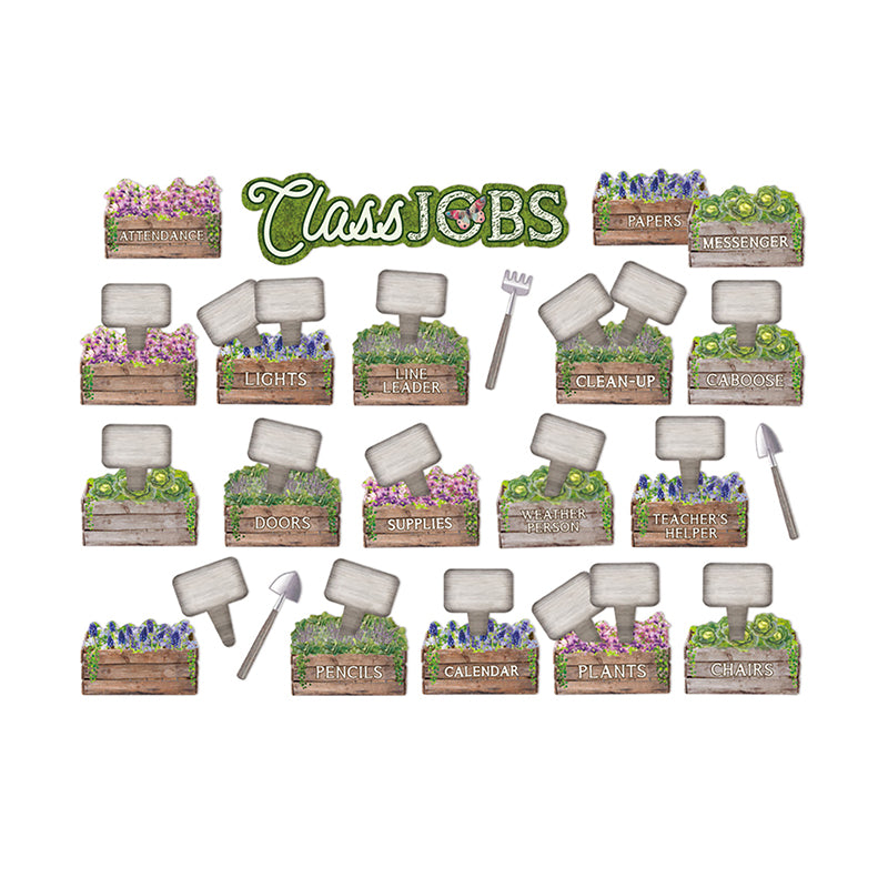 Teach and encourage positive behaviors and responsibility in your classroom with a 57 Piece Eureka Class Jobs Mini Bulletin Board Set. Set Includes 8 Panels With:1 piece class jobs header, 29 blank name plates, 18 class job crates, and 3 accent tools.