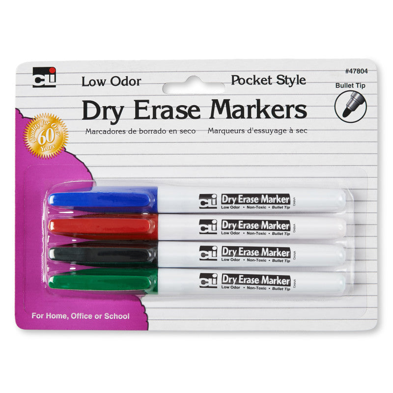 Dry Erase Marker Pocket Asst. Colors 4pk