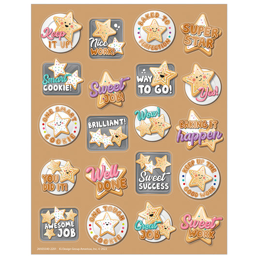 Reward star students and children for good work with stickers that are baked to perfection! These fun and colorful sugar cookie scented stickers are sure to be a favorite among students, teachers, and parents! Features fun sticker poses of ultra cool flamingos, each with a long-lasting smell.  Add to graded assignments, classroom crafts, letters, party invites, cards, rewards, and more!

Includes 80 scented self-adhesive stickers per pack. Individual sticker size varies slightly by design.