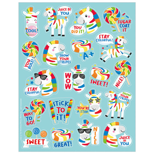 Show your stripes with these fun and colorful fruit punch scented stickers with a long-lasting smell! The playful zebra artwork is sure to be a favorite among students, teachers, and parents!  Add to graded assignments, classroom crafts, letters, party invites, cards, rewards, and more!

80 scented self-adhesive stickers per pack. Individual sticker size varies slightly by design.