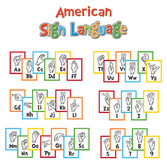 Help teach your students basic sign language with Eureka's Dr. Seuss™ Sign Language Alphabet Mini Bulletin Board Set! 39 Piece set includes 1 American Sign Language Header, 26 Letters, 0-9 Numbers. Packaged as 8 6" x 21" panels in a polybag with header. Coordinates with Eureka's many Dr. Seuss™ Collections! 