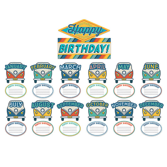 Celebrate your students birthday in style with a 27 Piece Eureka Birthday Mini Bulletin Board Set. Set Includes 8 Panels With: 1 Happy Birthday Header (2 pieces), 12 Month Headers, and 13 Name Plates, each with space for 4 names. 